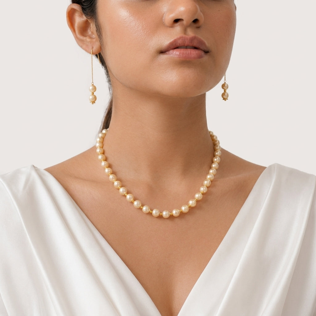 A close-up of a woman wearing a pearl necklace and matching drop earrings with gold-toned settings, against a clean light beige background.