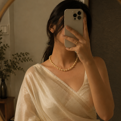 A woman takes a mirror selfie wearing a cream-colored draped wrap top and a gold pearl necklace in a warm, dimly lit room.