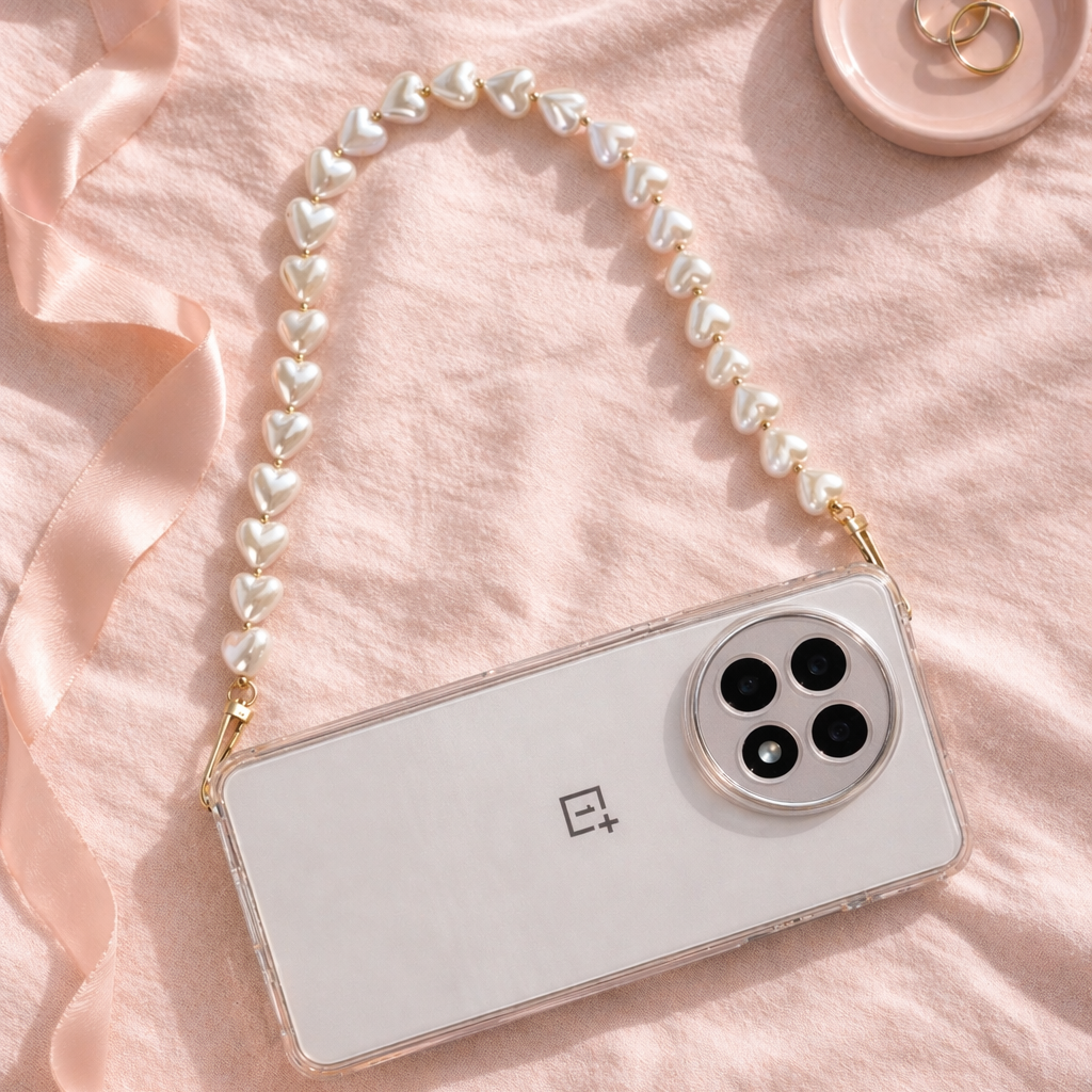 Smartphone with a pearl strap on a pink fabric background