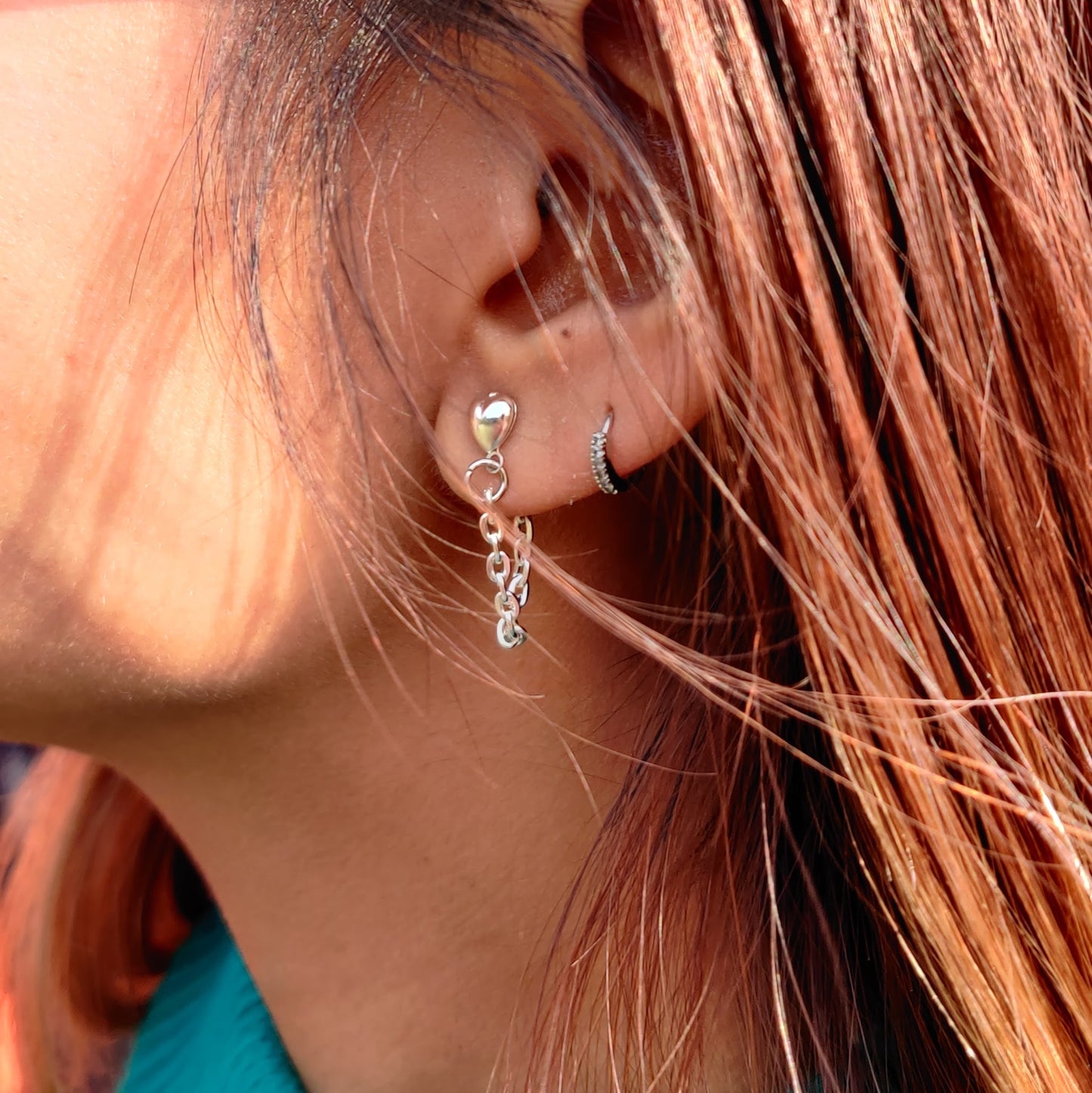 Heart Studs with Chain Earrings