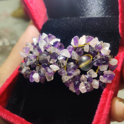 Statement Stud Rose Quartz and Amethyst Crystal Earrings