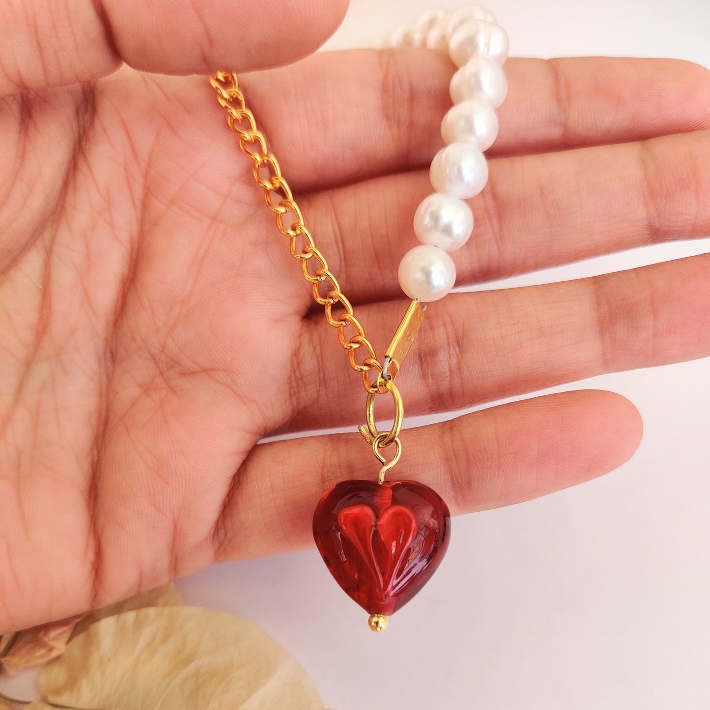 Red Heart with Pearls Necklace