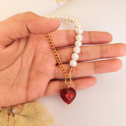 Red Heart with Pearls Necklace