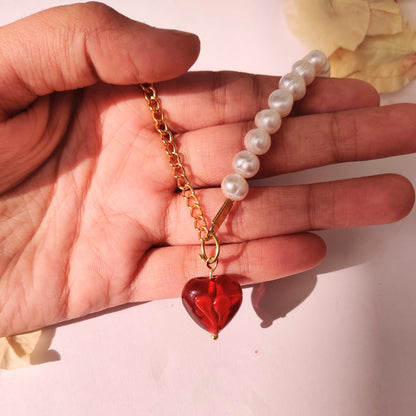 Red Heart with Pearls Necklace