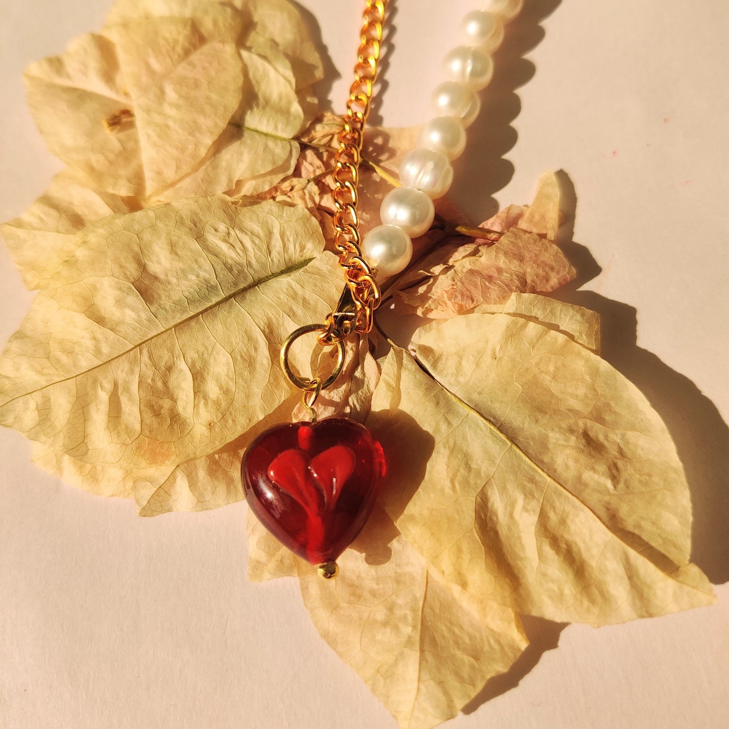 Red Heart with Pearls Necklace