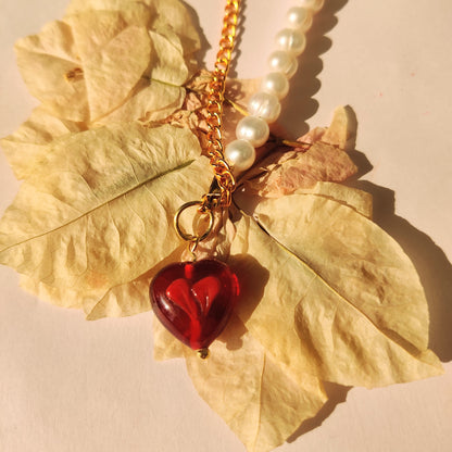 Red Heart with Pearls Necklace