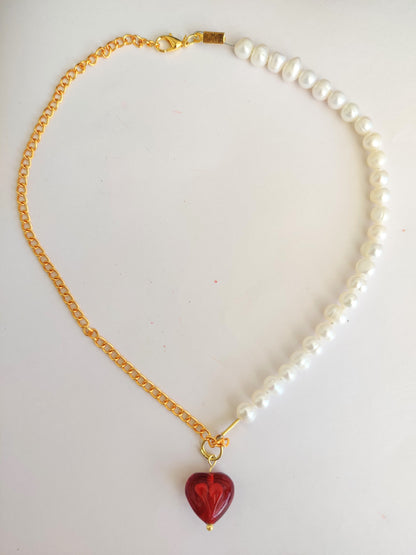 Red Heart with Pearls Necklace