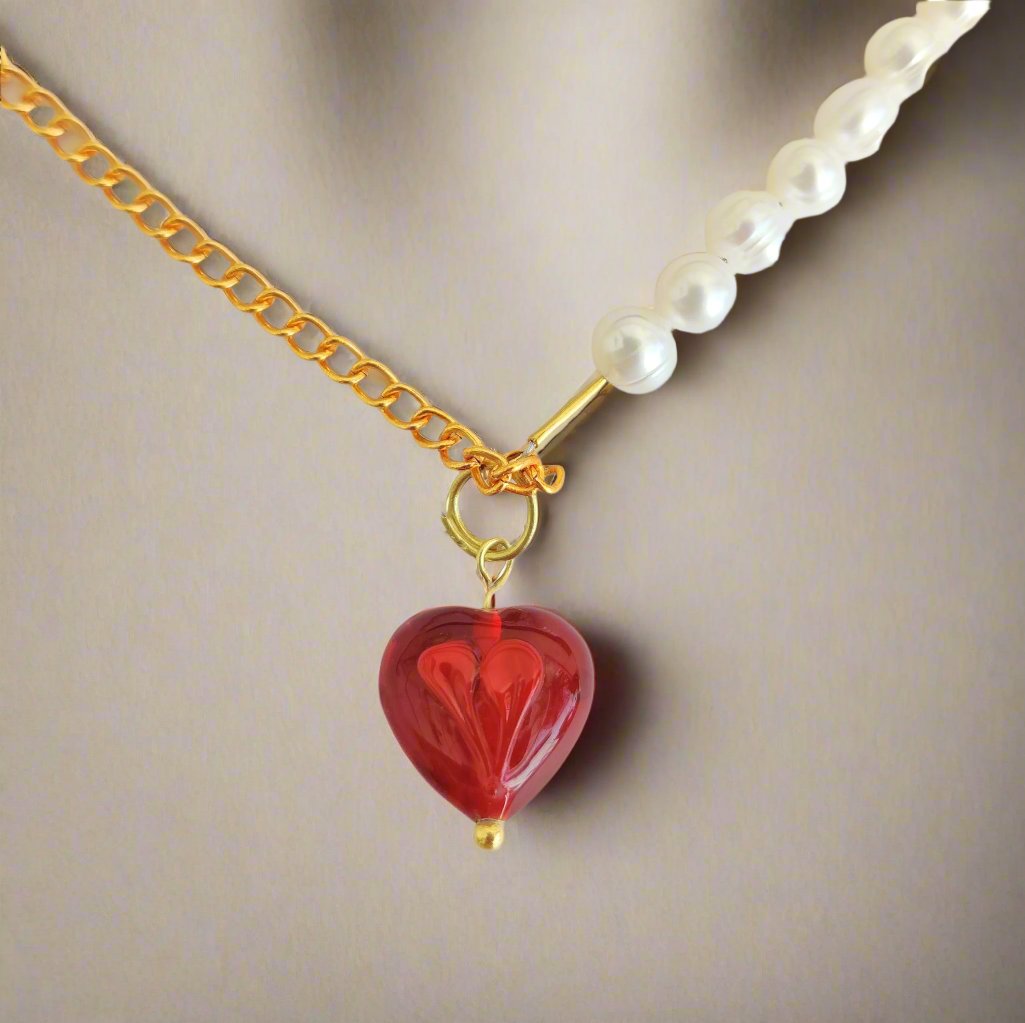 Red Heart with Pearls Necklace