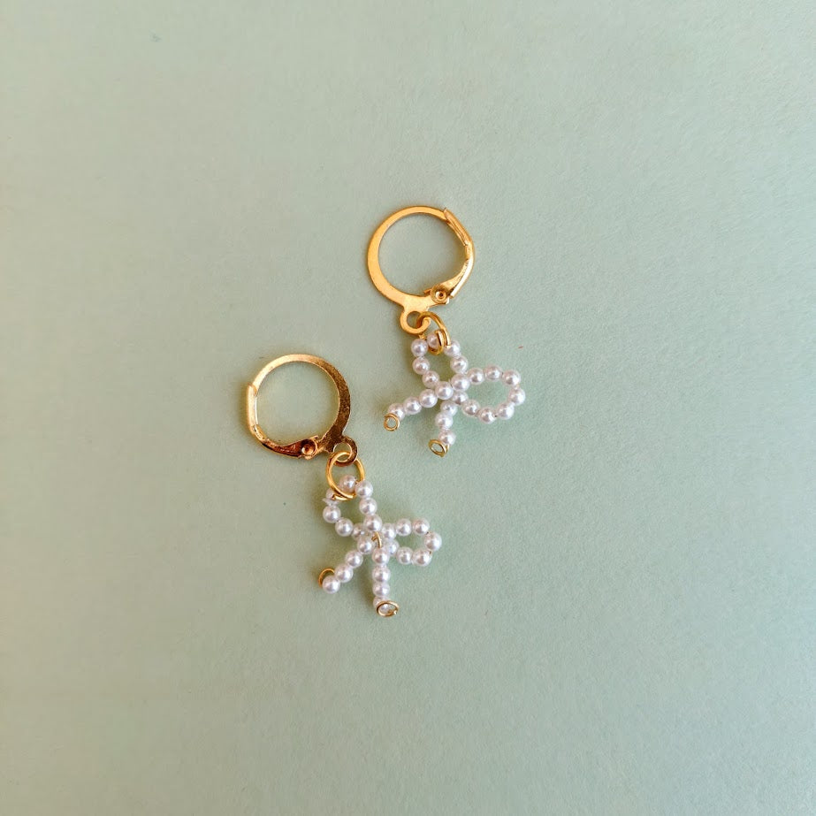 Natural Pearl Bow Earrings with Golden Hoops