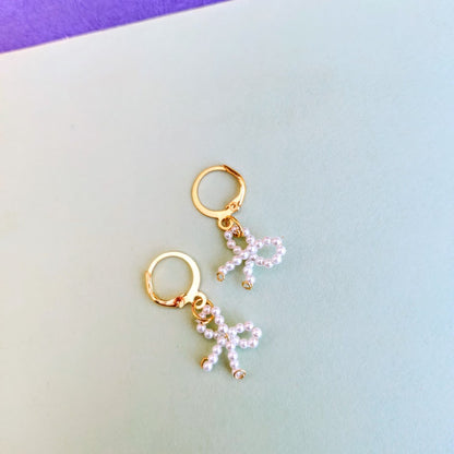 Natural Pearl Bow Earrings with Golden Hoops
