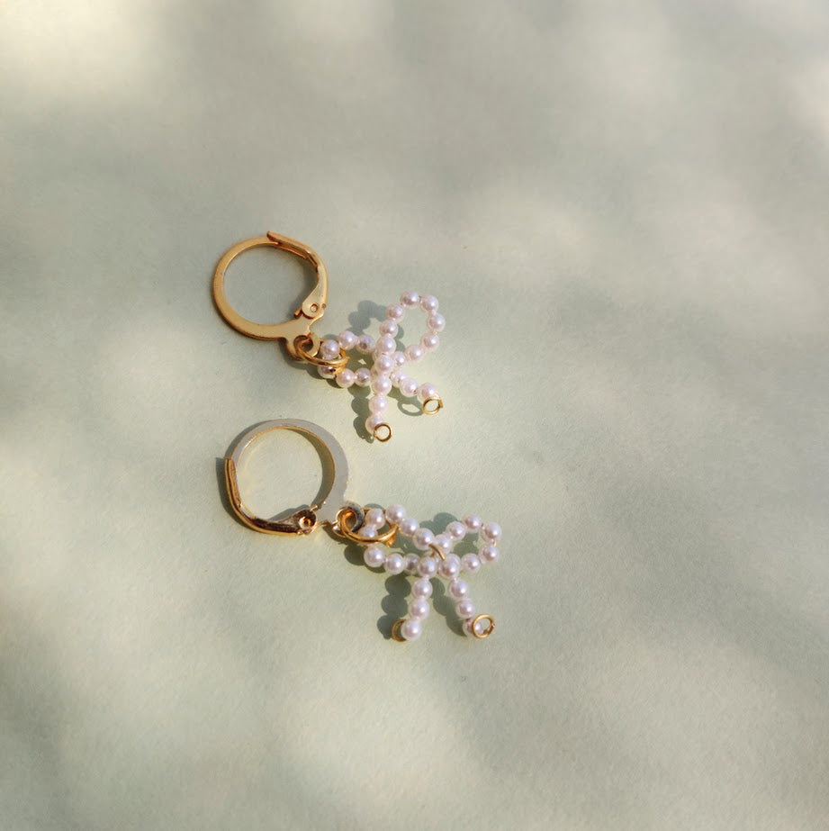 Natural Pearl Bow Earrings with Golden Hoops