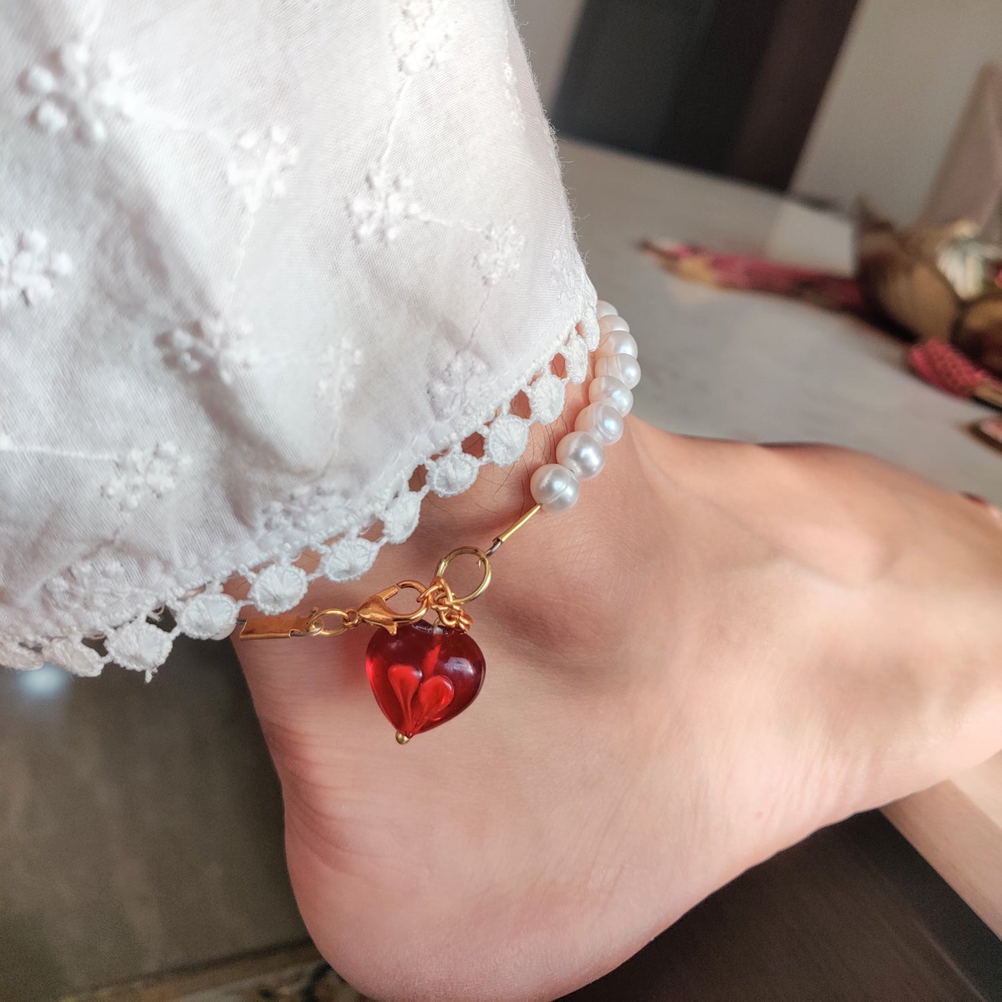 Natural Pearl Anklet with Heart Charm
