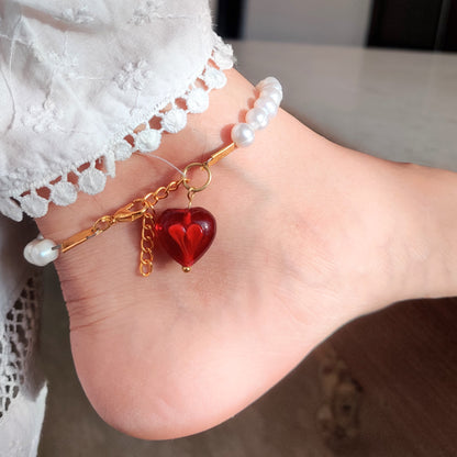 Natural Pearl Anklet with Heart Charm
