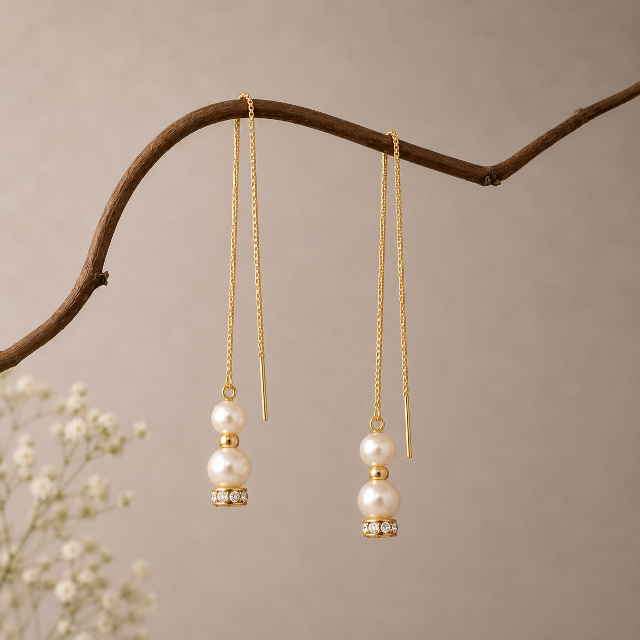 A pair of gold dangle earrings with white pearls and small clear rhinestones, hanging from a curved brown branch against a soft beige background.