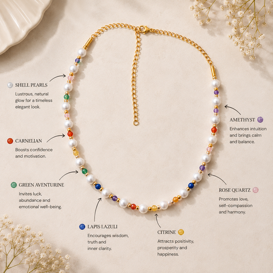 A gold chain necklace with white shell pearls and colorful gemstone beads, displayed on a light beige background with decorative dried flowers and text labels explaining the meanings of the stones.