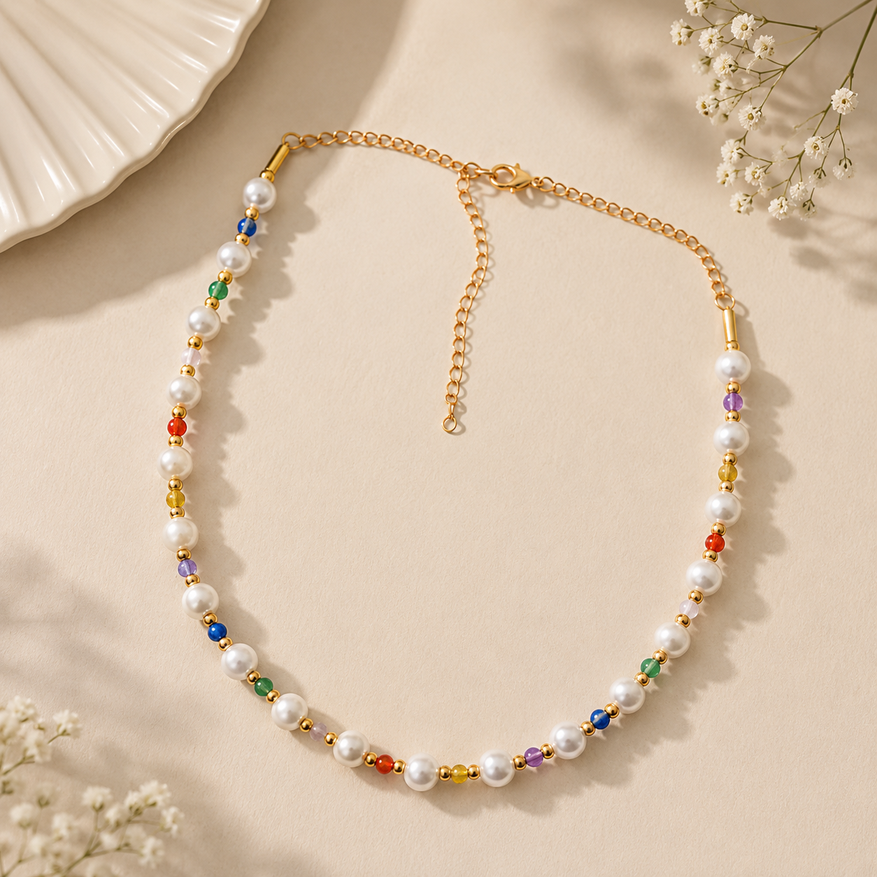 A gold chain necklace with white faux pearls and small colorful gemstone beads, arranged in a loop on a warm beige surface with decorative flowers and a ceramic dish in the corners.