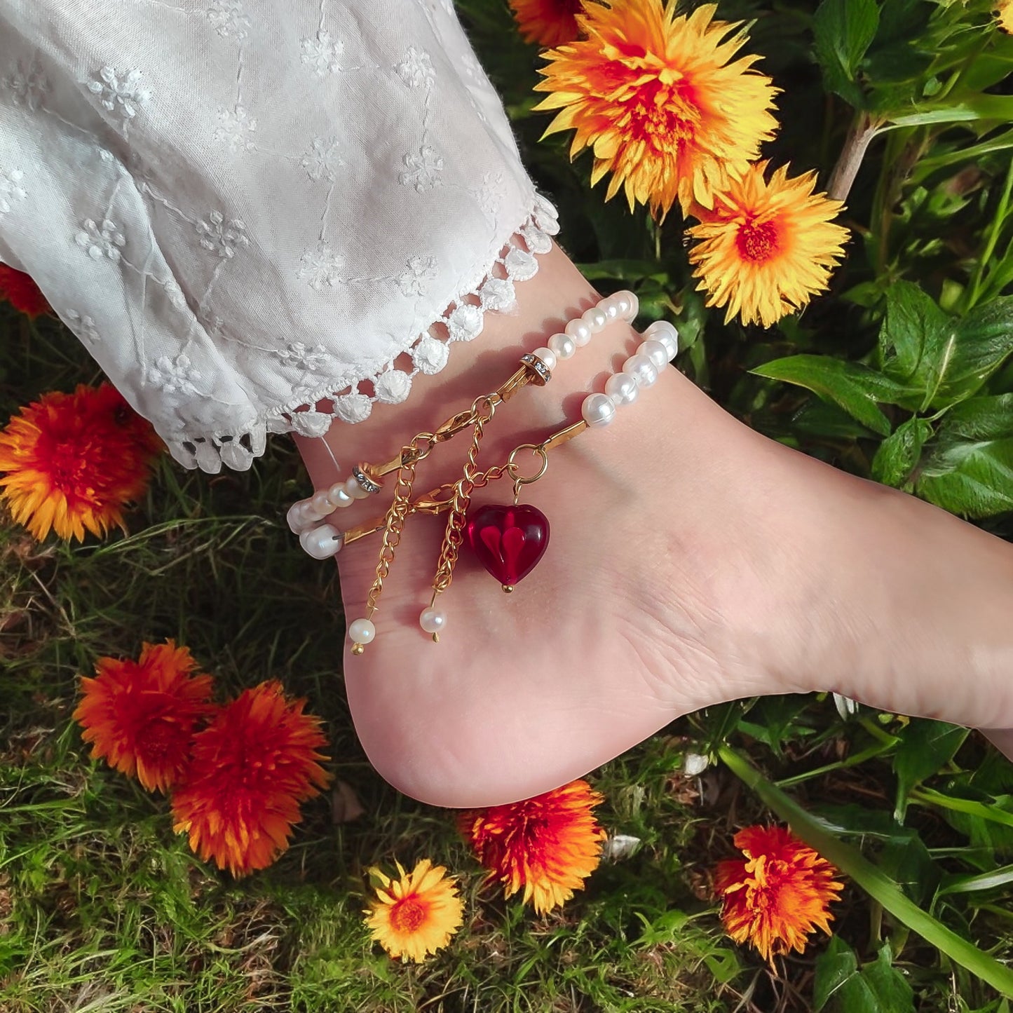 Natural Pearl Anklet with Heart Charm