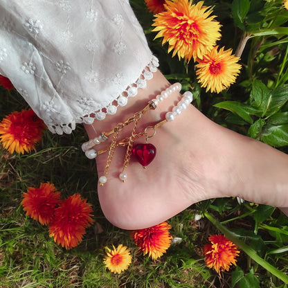 Natural Pearl Anklet with Heart Charm