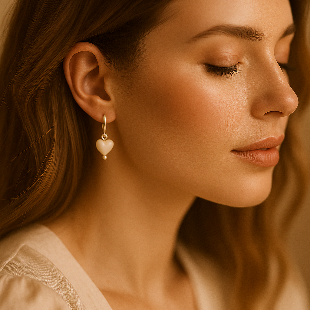 Close-up of a woman wearing a heart-shaped earring with a warm, soft focus.