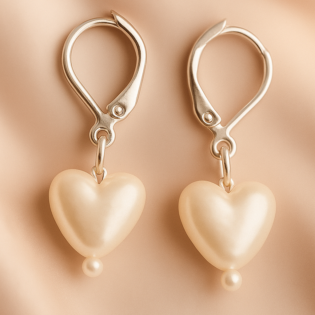 Heart-shaped pearl earrings with gold hooks on a beige background