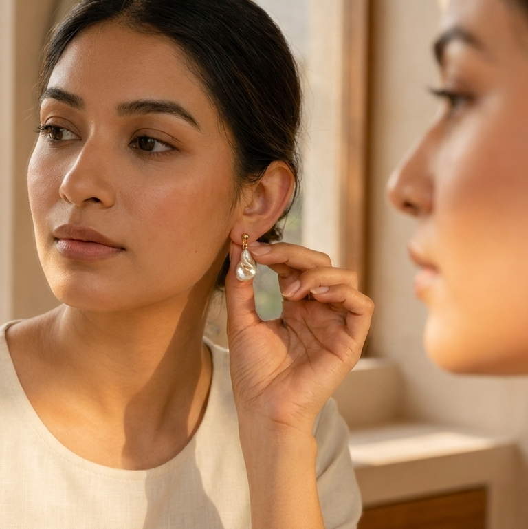 A woman wearing a white top looks at her reflection in a mirror while holding up a light green teardrop-shaped earring to show how it looks when worn.
