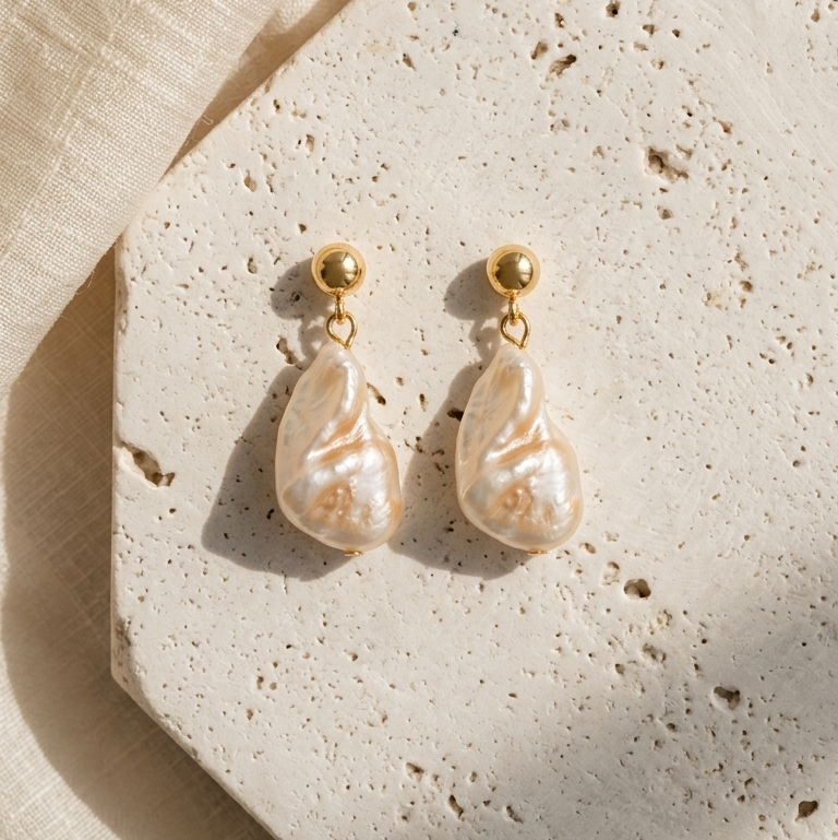 A pair of gold drop earrings with teardrop-shaped cream-colored shell charms, displayed on a textured stone surface with soft natural shadows.